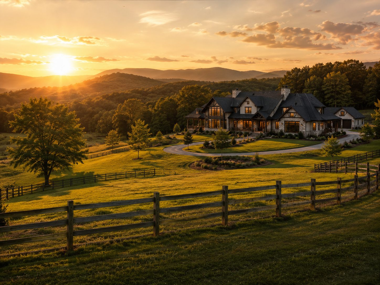 Countryside estate on acreage with rolling hills at sunset