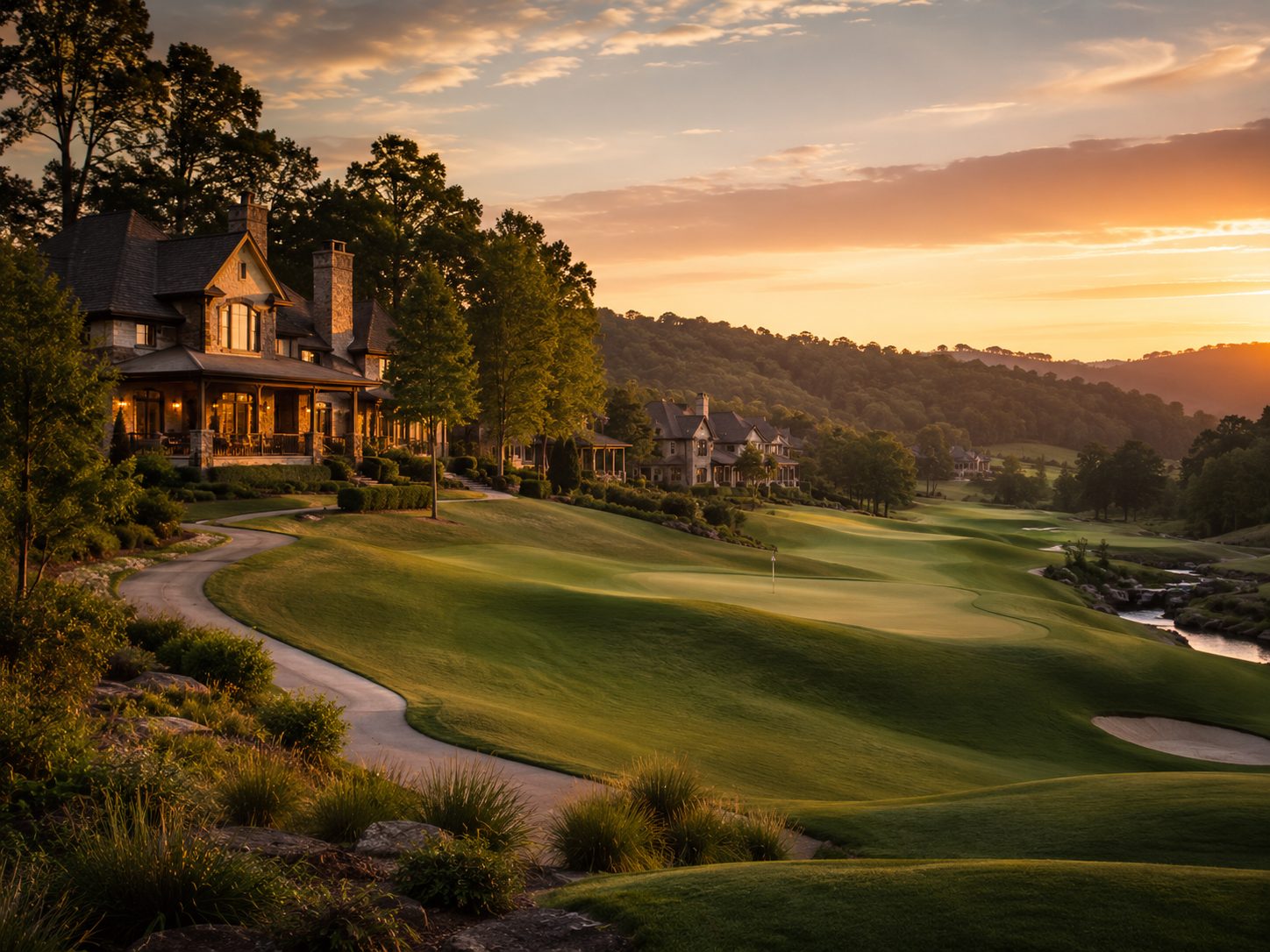 Golf course community with homes and mountain views at sunset