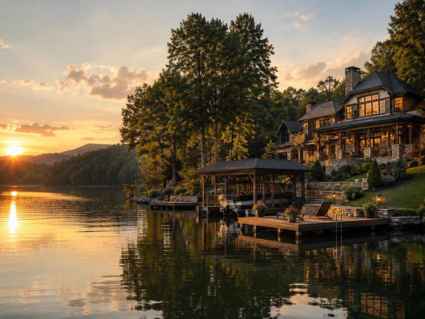 Lakefront home with dock at sunset in Southeast Tennessee