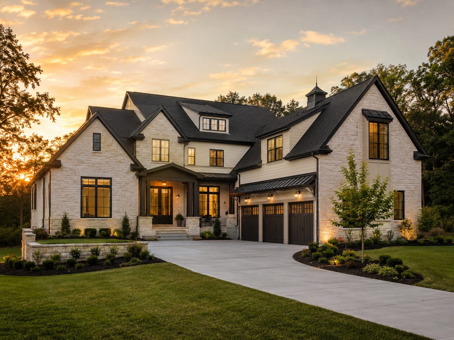 Newly built modern farmhouse with stone exterior and warm evening lights