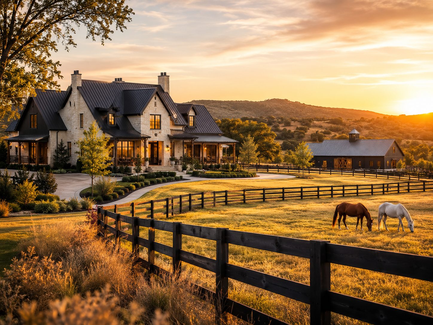 Farm and ranch estate with fenced pasture, barn, and horses at sunset