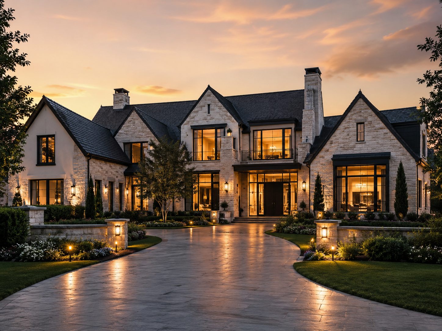 Luxury home with pool and outdoor living area at dusk